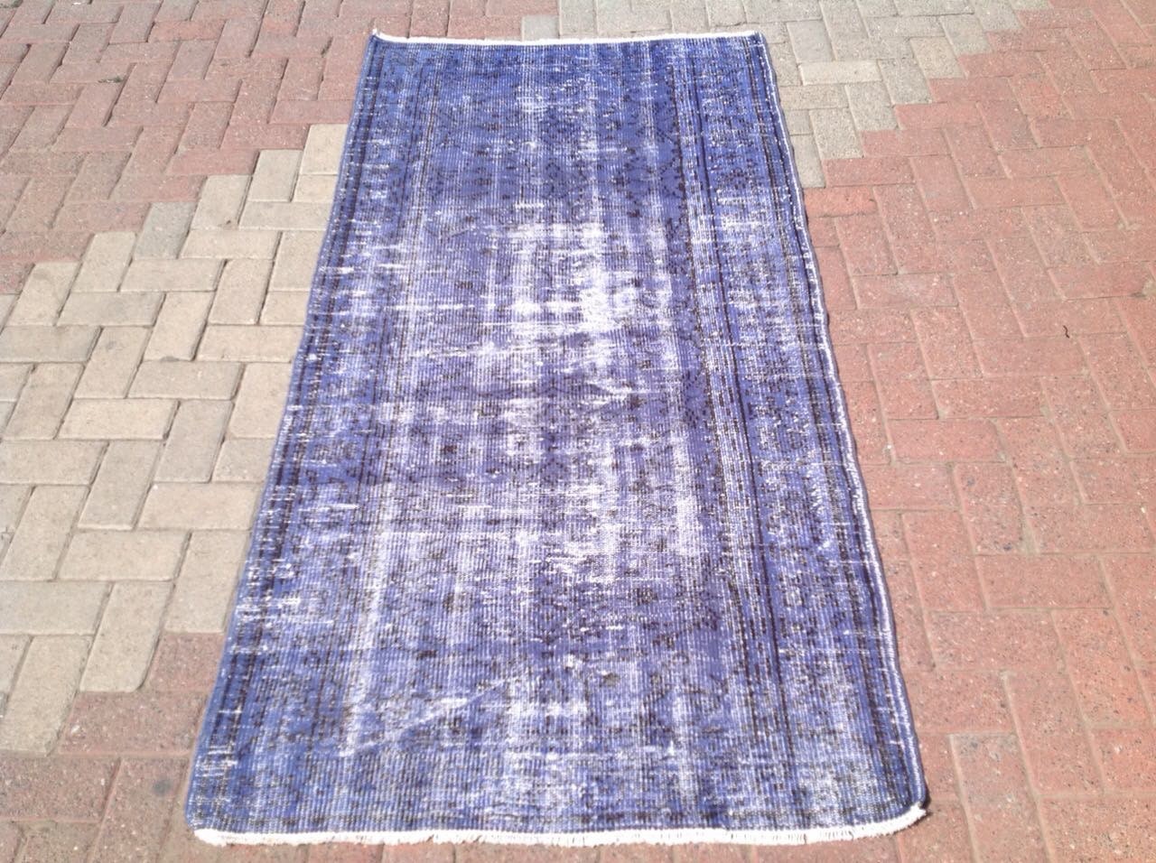 Tapis de Zone, 83 X 43 Vintage Tapis Overdyed, Bleu, Tapis Couleur Unie, Décoratif, Sol, Anatolien, 