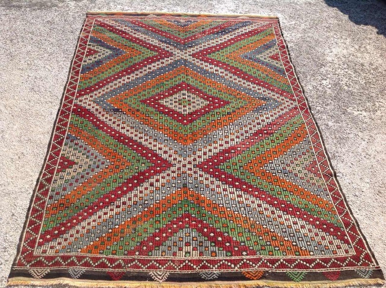 Kilim rug Muted orange and blue Embroidered Kilim rug Etsy