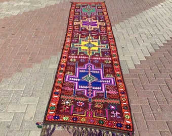 Herki Runner rug, Turkish runner rug, 143" x 35", colorful runner, hallway rug, pile runner, Bohemian runner, runner, purple, runner rug,154