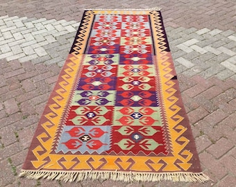 Kilim runner, Vintage Turkish kilim runner rug, 100" x 45", runner rug, vintage faded runner, bohemian runner rug, Turkish rug, boho, 055x