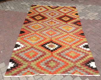 Turkish Kilim Rug, area rug, 98.5"x 61.5" ,Vintage Turkish kilim, vintage rug, bohemian, Turkish rug, 2021 home decor, diamond design, 808x