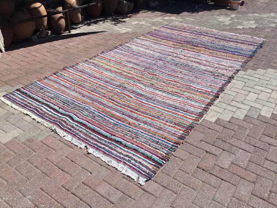 Striped kilim rug, colorful area rug, 146" x 74", Vintage Turkish kilim rug, kelim rug, vintage rug, vintage textile, Turkish, sturdy rug