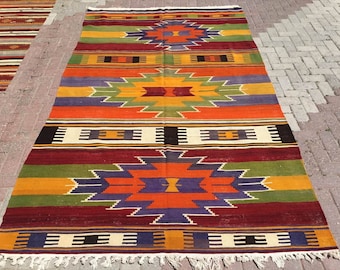 Large area rug, 121"x71", Kilim rug, Vintage Turkish rug, area rug, kelim rug, vintage rug, bohemian rug, eccentric rug, kilim, orange, 31x