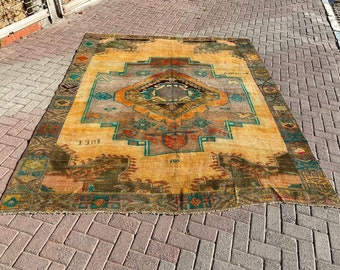 Orange vintage rug, 113" x 95'', high pile rug, Collectible rug, rug,  green area rug, high quality vintage rugs, orange, yellow rug,101x