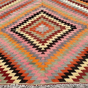 Turkish Kilim Rug, area rug, 115x 74 , Vintage Turkish kilim, vintage rug, bohemian, Turkish, pink kilim, 2024 home decor, diamond, KILIM image 7