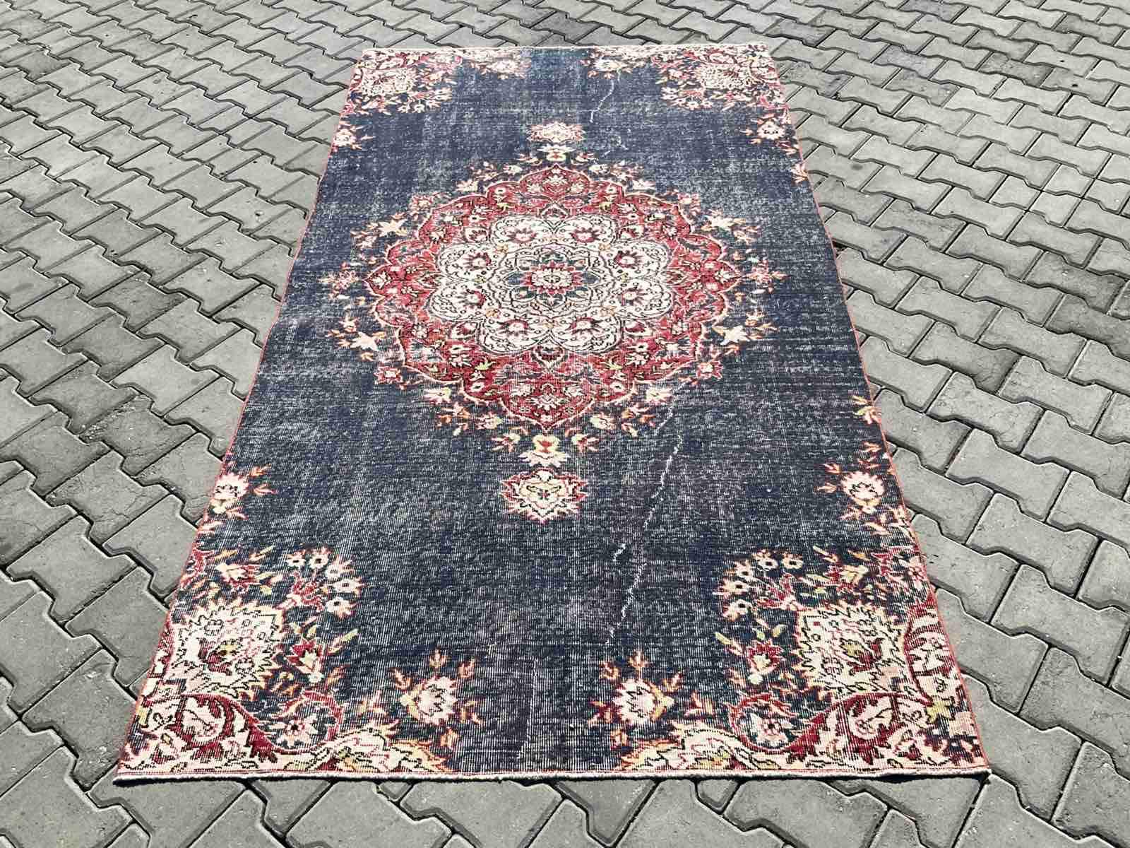 Oushak Rug Naturally Distressed Wool Rug Blue Tones