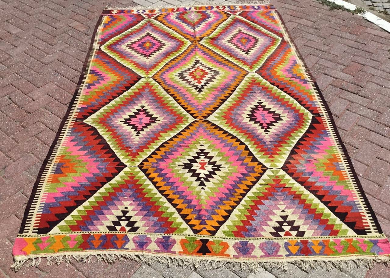 Magnous Diamond Design Kilim Rug, 104 X 68, Vintage Turkish Kilim, Bright Colored Area Modern, Boho,