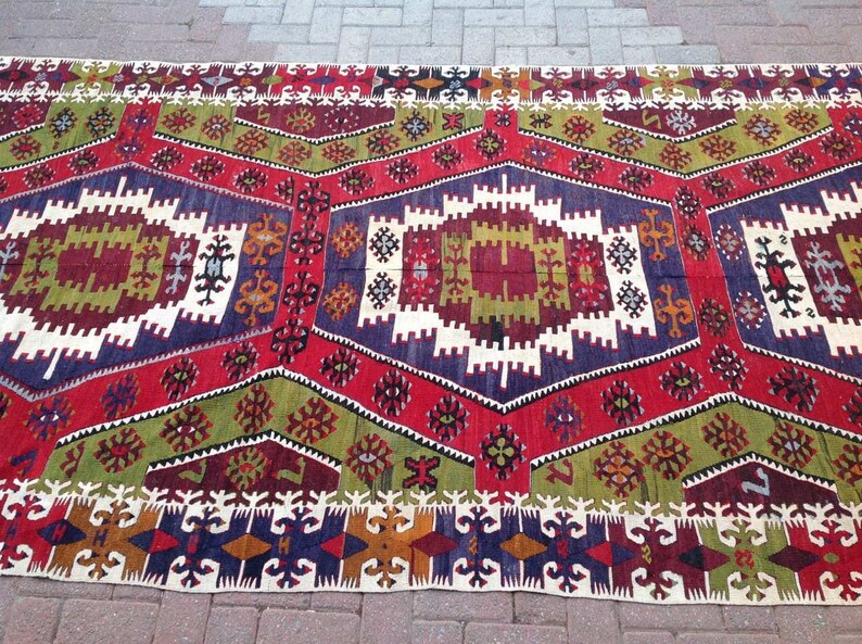 Large Kilim Rug 152 X 65 Navy Green and Red Etsy