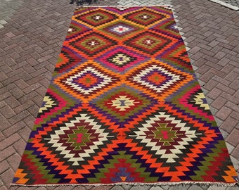 Turkish Kilim rug, area rug, pink and orange kilim rug, 134" x 66", kelim,  vintage rug, bohemian rug, Turkish rug, yellow kilim, rugs, 41x