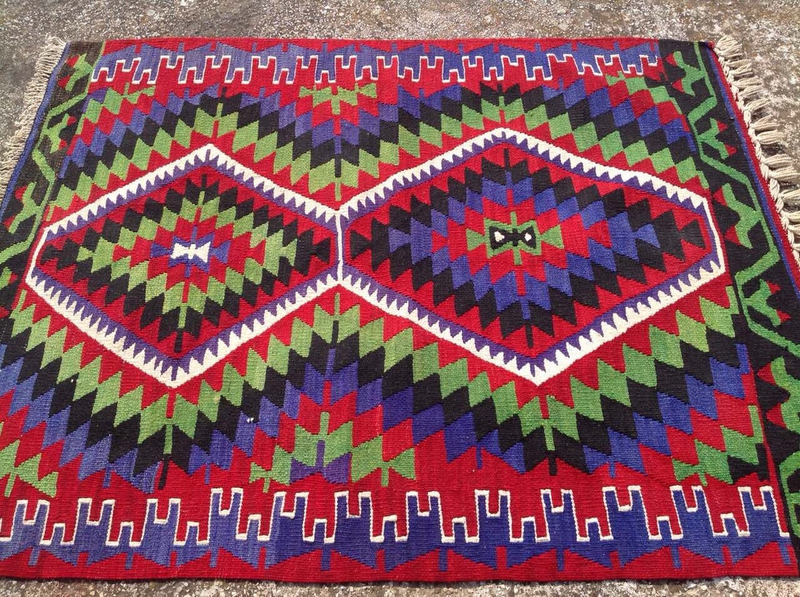 Red Blue and Green Kilim Rug 48 X 38 Vintage Etsy