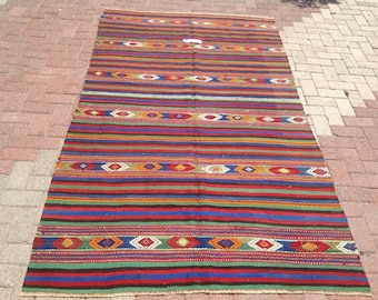 Kilim rug, Vintage Turkish kilim rug, 100" x 58", area rug, kilim rug, kelim rug, vintage rug, bohemian rug, Turkish rug, stripped rugs, 468