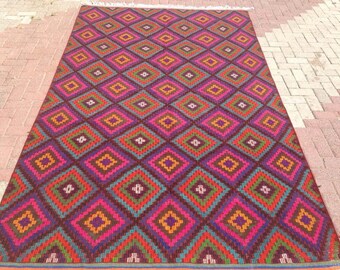 Pink Kilim rug, 128" x 73" Turkish kilim rug, pink area rug, kilim rug, kelim rug, vintage rug, bohemian rug, Turkish rug, rugs, diamond,467