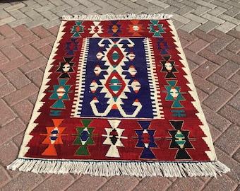 Navy blue and red Vintage Turkish kilim rug, 54" x 38", small area rug, gift for mom, kelim rug, bohemian, bathroom rug, kitchen rug, 747x