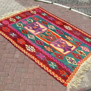 Geometric design rug, kilim rug, 92.5x67.7, colorful Turkish rug, area rug, bohemian rug, eccentric rug, kelim, kilim, Orange kilim, 775 image 4