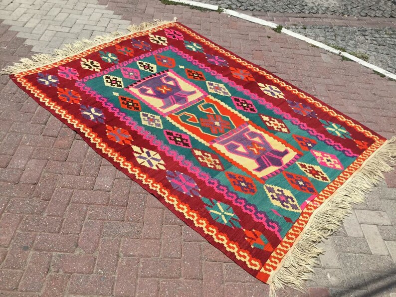 Geometric design rug, kilim rug, 92.5x67.7, colorful Turkish rug, area rug, bohemian rug, eccentric rug, kelim, kilim, Orange kilim, 775 image 4