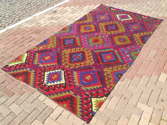 LOVELY Colorful Kilim rug, 127'' x 64.5'' Vintage eye design rug, Turkish kilim rug, Colorful area rug, Bright colored kilim rug, Rugs, 314x