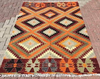 Diamond design rug, 88" x 62", kilim rug, Vintage Turkish, rugs,  area rug, bohemian, eccentric rug, kelim, kilim, Orange kilim, flat weave