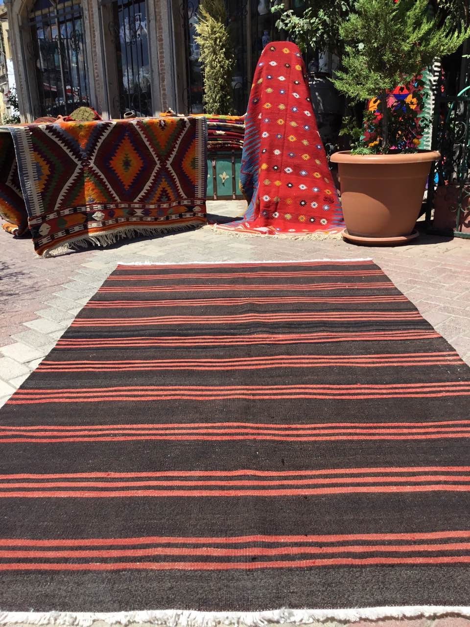 Stripped Red Kilim, 97'' X 57'' Vintage Turkish Kilim Rug