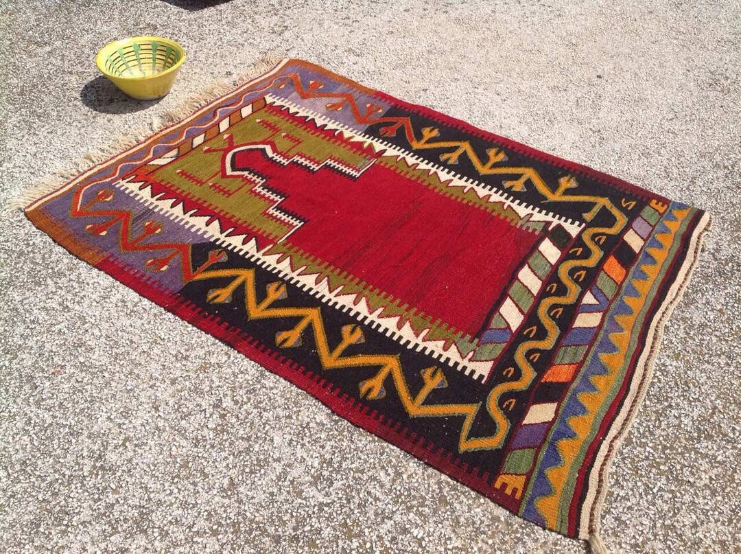 Red and Green Vintage Turkish Kilim Rug, Small Area Rug, Kilim Rug