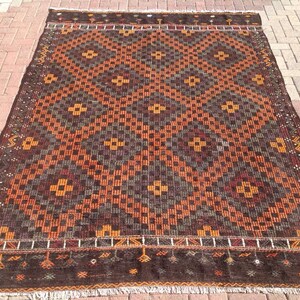 Geometric pattern Kilim rug, 112&quot; x 83&quot;, Vintage Turkish kilim rug, area rug, kilim rug, vintage rug, rug, bohemian rug, Turkish rug, 453x
