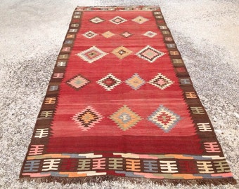 Red and brown Turkish kilim rug, 138'' x 62'', area rug, kilim rug, kelim rug, vintage rug, bohemian rug, Turkish rug, rug, tribal rug, 347