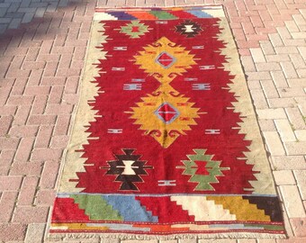 Mustard and red rug, 91" x 50.5", Vintage Turkish kilim rug, area rug, kilim rug, kelim rug, vintage rug, bohemian rug, Turkish rug, 171