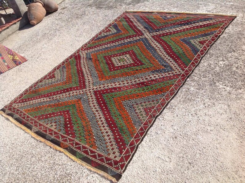 Kilim rug Muted orange and blue Embroidered Kilim rug Etsy