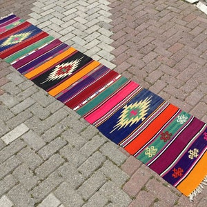 Colorful Kilim runner, 111.5" x 23", Turkish kilim runner rug, vintage runner, bohemian runner, Turkish rug, kitchen runner, hand made, 289x