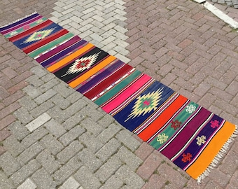 Colorful Kilim runner, 111.5" x 23", Turkish kilim runner rug, vintage runner, bohemian runner, Turkish rug, kitchen runner, hand made, 289x