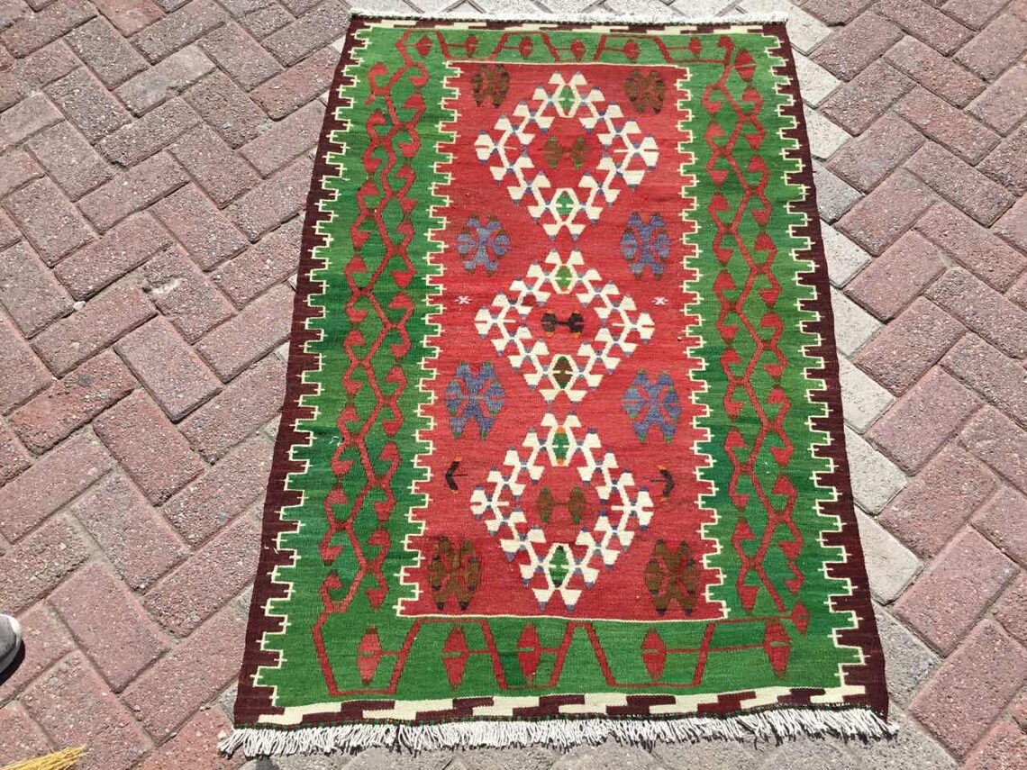 Small Kilim Green Kilim 55x38 Vintage Turkish Etsy