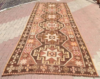 LONG Kilim runner, 174" x 64.5", kilim runner rug, long runner rug, Vintage Turkish kilim runner, runner rug, brown runner, hallway, 076x