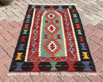 Small size kilim rug, red black and green rug, 57" x 35", Vintage Turkish rug, pastel kilim rug, kelim, bohemian rug, bedroom rug, 746x