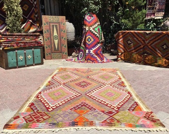 GORGEOUS Diamond design Kilim rug, 87"x53", Vintage Turkish kilim, BRIGHT colored area rug, Modern, bohemian, eccentric, geometric, 803x