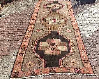 Turkish Kilim runner, 158' x 63" muted kilim, Vintage, hallway rug, runner, bohemian, rustic, primitive, Scandinavian, 13 feet, long, rugs