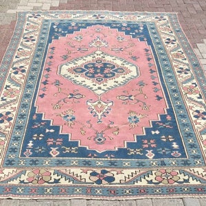 Area Rug, 102&quot;x79&quot;, Vintage hand knotted Rug, pink and blue, pale rug, decorative rug, floor rug, anatolian rug, plain rug, vintage rug,192x