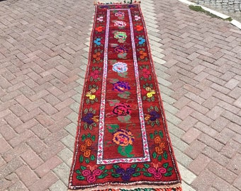 Floral Floral Herki Runner rug, 11'9"X2'5", Turkish runner rug, Red runner, 12 feet runner, hallway rug, pile runner, Bohemian runner, 213