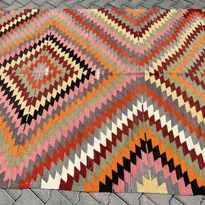 Turkish Kilim Rug, area rug, 115x 74 , Vintage Turkish kilim, vintage rug, bohemian, Turkish, pink kilim, 2024 home decor, diamond, KILIM image 2