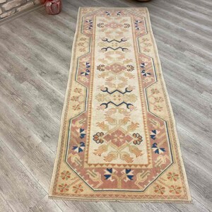Neutral Color runner, Oushak Runner, 90&quot; x 34&quot;, Runner rug, Muted color runner, pastel color runner, Faded color rug, short runner, 263x