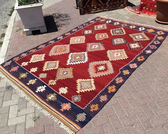 Red kilim rug, 114'' x 74.5'', red and NAVY rug, red area rug, Kilim rug, Vintage Turkish rug, kelim rug, bohemian rug, eccentric,