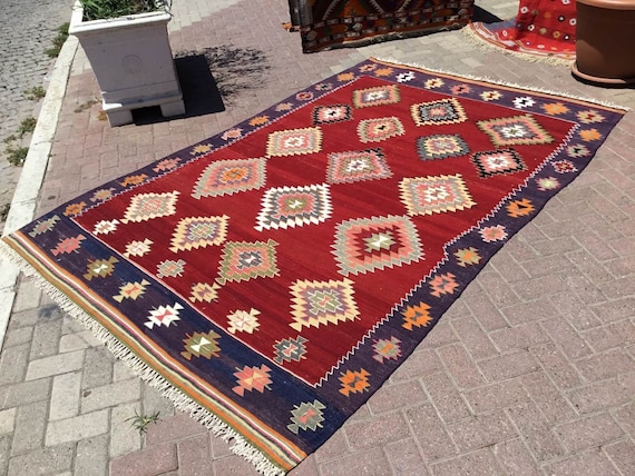 キリム rug Red Kilim Rug, 114'' X 74.5'', Red and NAVY Rug, Red Area Rug