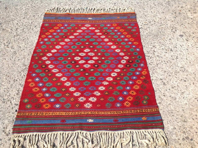 Red Vintage Turkish Kilim Rug Small Area Kelim Bohemian Bathroom 005lx 47 X 35