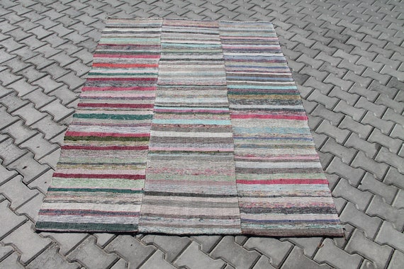 Striped Kilim Rug, Colorful Area Rug, 91