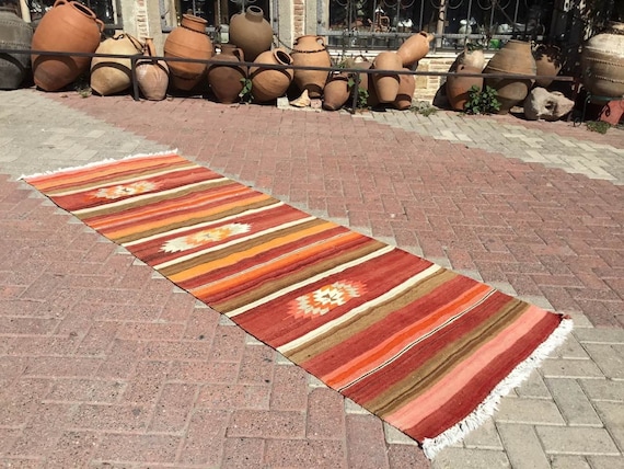 Kilim runner, Striped kilim runner, 103" x 35", Vintage Turkish kilim runner, runner, vintage hallway runner, bohemian runner, red orange