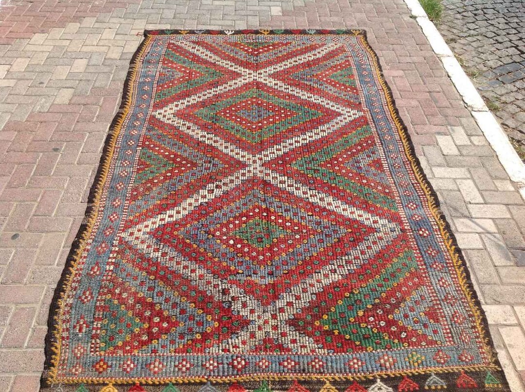 Red Blue and White Kilim Rug, 122 X 68, Vintage Turkish Kilim Rug