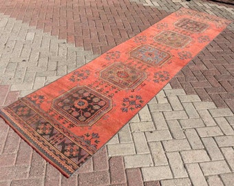 Red Turkish runner, 137"x34", Runner rug, Muted color runner, Hand knotted rug, Anatolian runner rug, Faded color rug, rustic runner, red