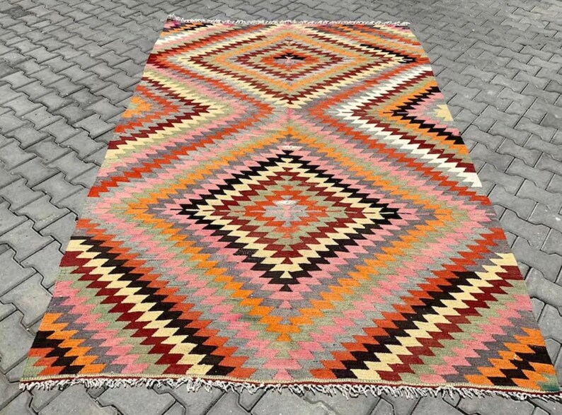 Turkish Kilim Rug, area rug, 115x 74 , Vintage Turkish kilim, vintage rug, bohemian, Turkish, pink kilim, 2024 home decor, diamond, KILIM image 1