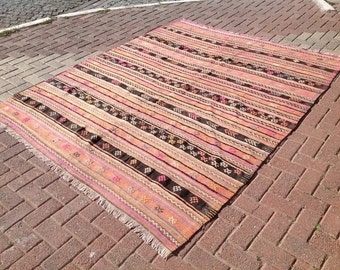 Pale pink kilim, striped rug, 97" x 79", kilim rug, Vintage Turkish kilim, area rug, kelim rug, vintage rug, bohemian rug, Turkish rug, rug