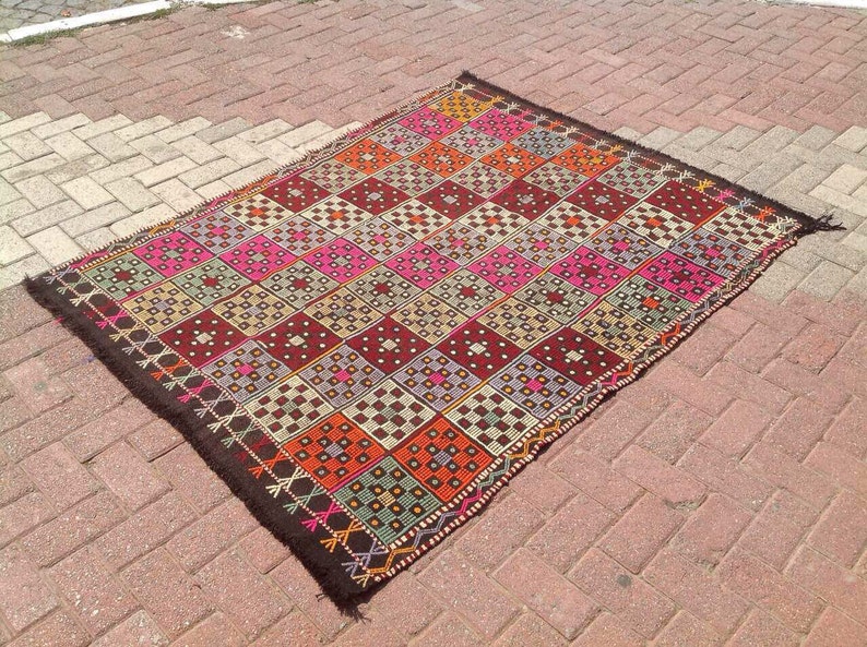 Kilim Rug Muted Purple Green and Red Embroidered Kilimrug Etsy