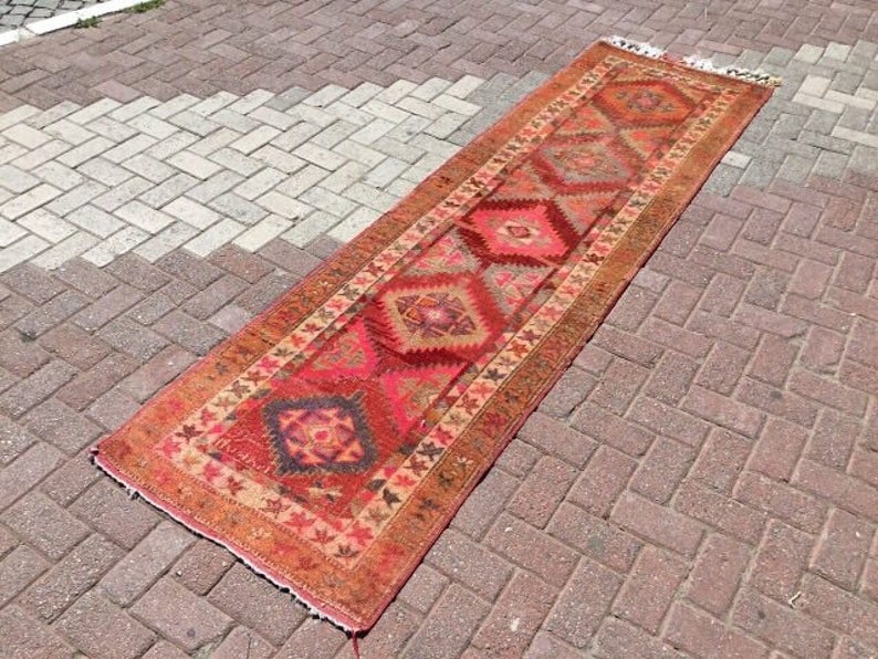 Scandinavian decor, orange Runner rug, 112 x 32, Turkish runner rug, rustic runner, rustic runner, hallway runner, Bohemian runner, 112x image 1