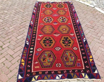 Red Kilim rug, Vintage Turkish kilim rug, 127" X 56", kilim rug, rug, red vintage rug, bohemian rug, RED rug, tribal rug, red aztec, 814x